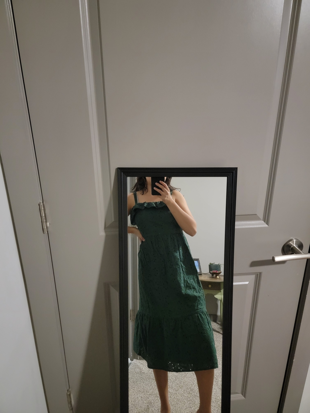 LOFT Dark Green Eyelet Midi Dress with Ruffle Neckline
